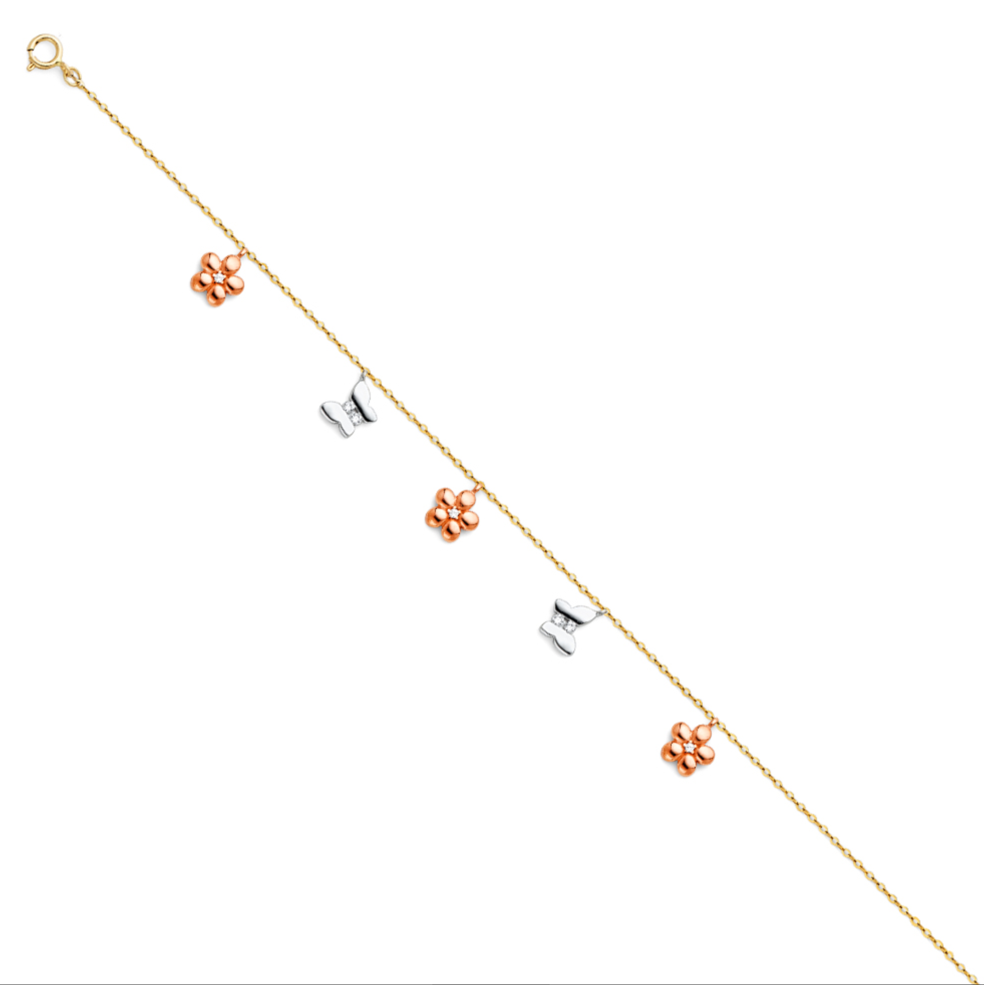 14K Tri-Color Gold Hanging Charm Anklet
