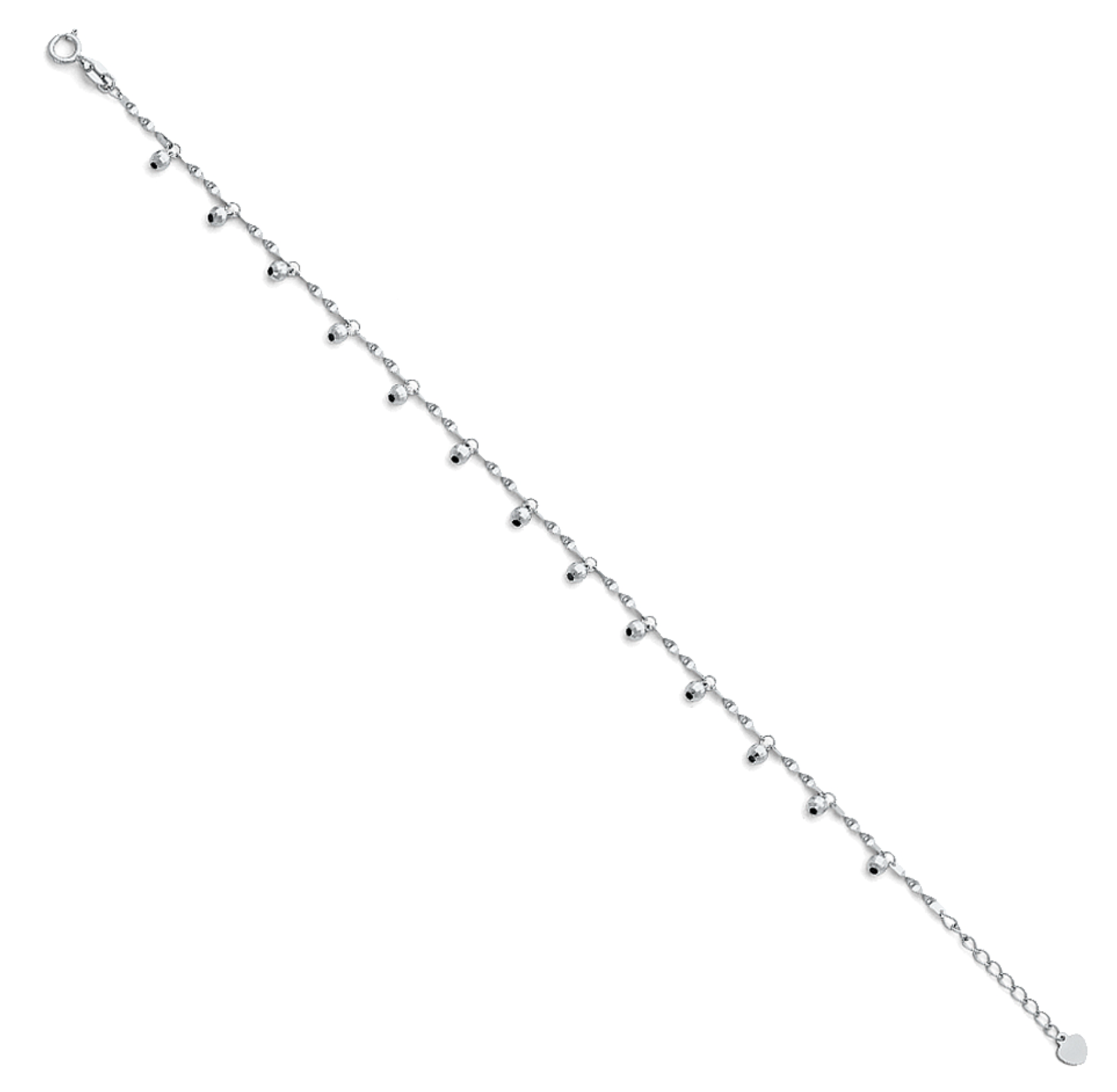 14K White Gold Light Anklet with Bead Charms - 9 Inch